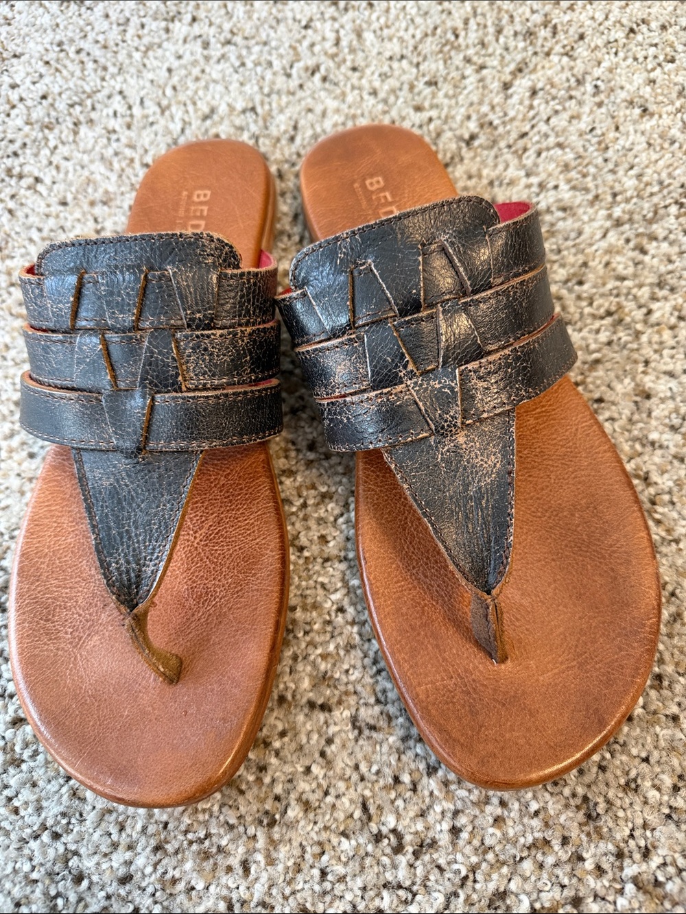 BED STU Women's Black and Brown Leather Woven Thong Sandals, Size 7, Like New - Picture 1 of 5